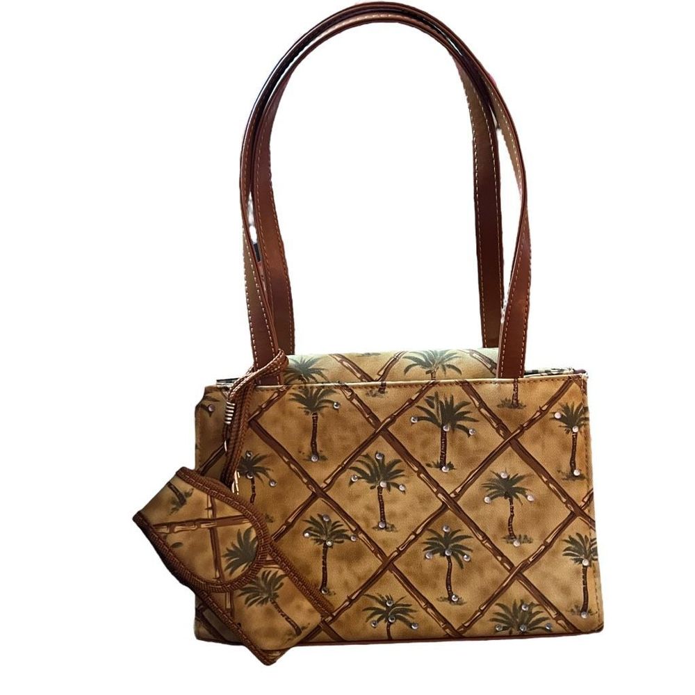 Palm‎ Tree Purse Handbag Tan Brown Green Embellishments Vacation Beach Cruise